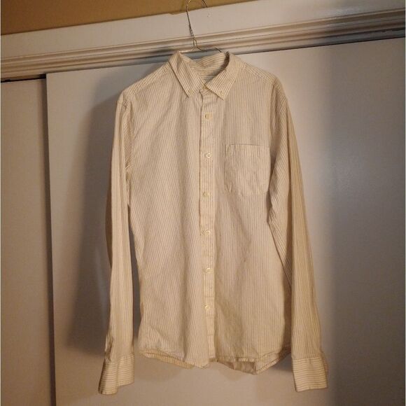 🆕👔Long Sleeve Every Day Wear Button-Down Shirt, Striped Tan/White - Picture 2 of 9